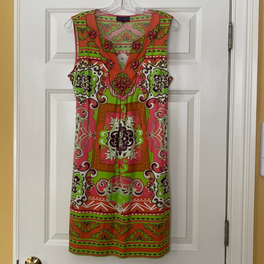 Hale Bob Beaded Neckline Pink and Green Dress